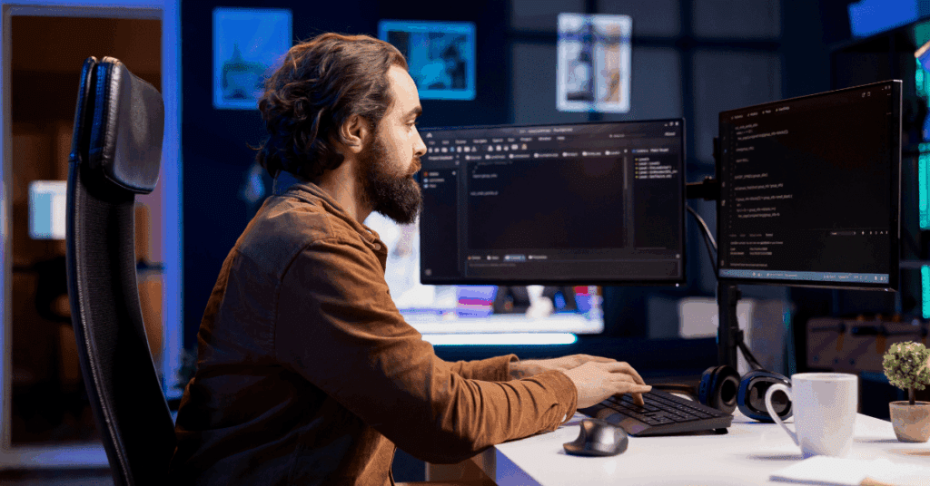 A software developer focused on writing code at a dual-monitor setup in a modern workspace, representing outsourced scalability in tech.