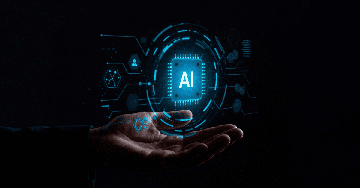 A person’s hand supporting a floating holographic AI chip, symbolizing the fusion of human decision-making and artificial intelligence.