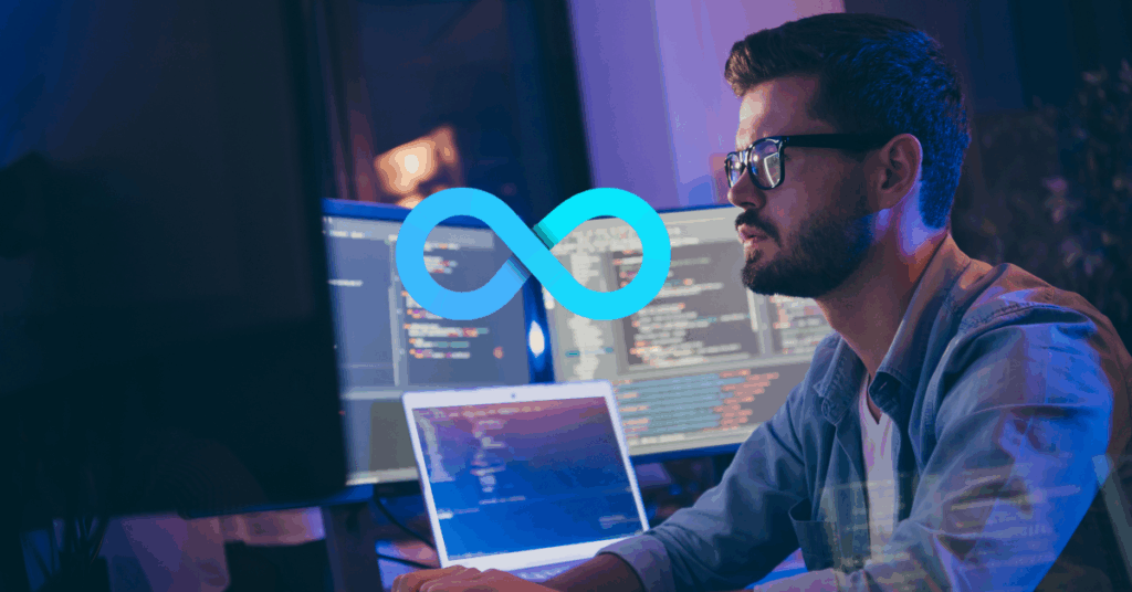 DevOps engineer working on multiple screens with an infinity symbol overlay, symbolizing CI/CD and DORA metrics.
