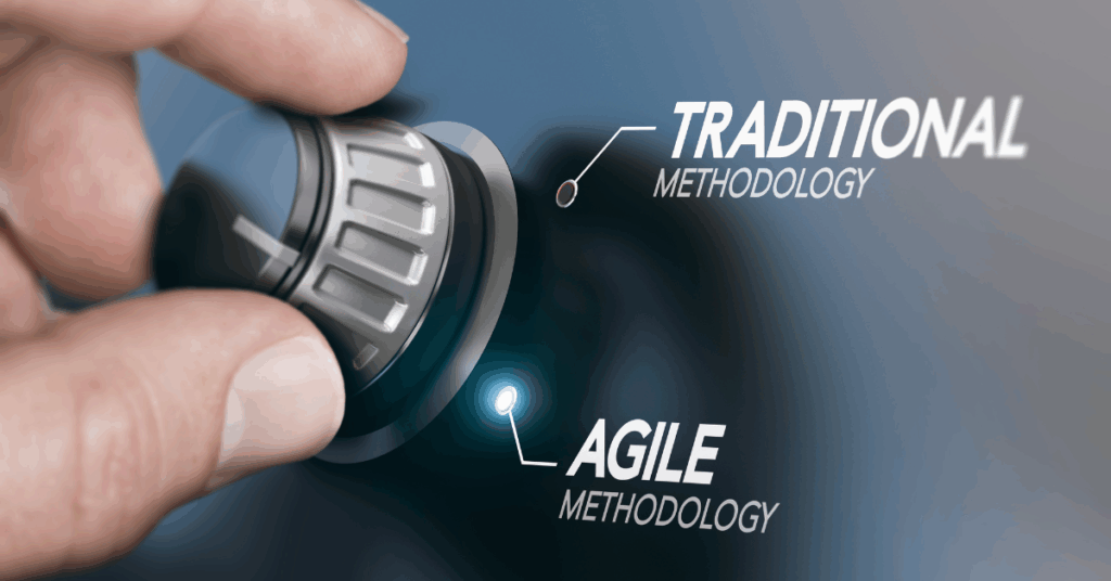 Hand turning a knob from “Traditional Methodology” to “Agile Methodology,” illustrating the transition to agile DevOps practices.