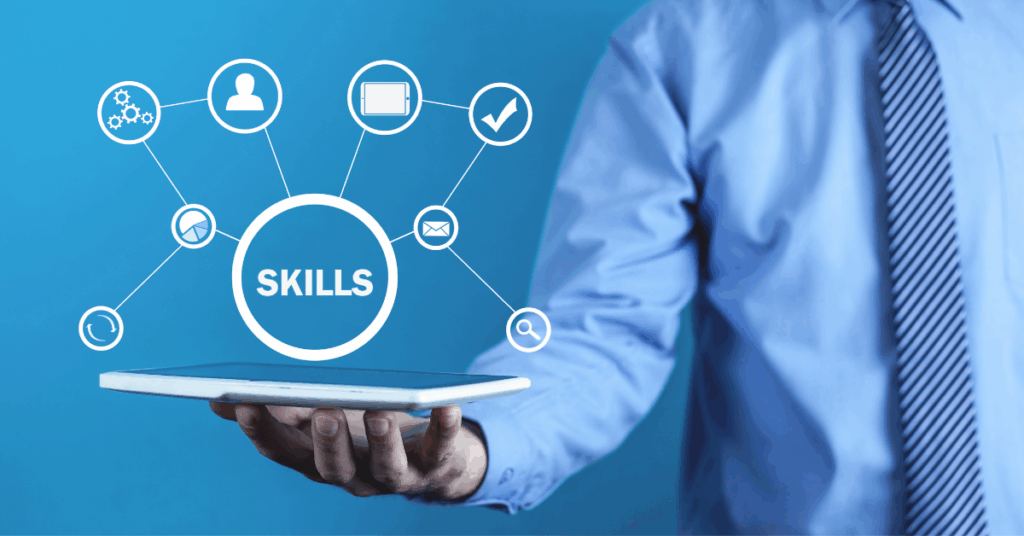 Businessman holding a tablet displaying various skills icons, representing developer capabilities and Golang proficiency.