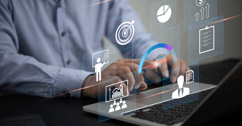 Business professional interacting with KPIs and performance dashboards to track software delivery metrics.