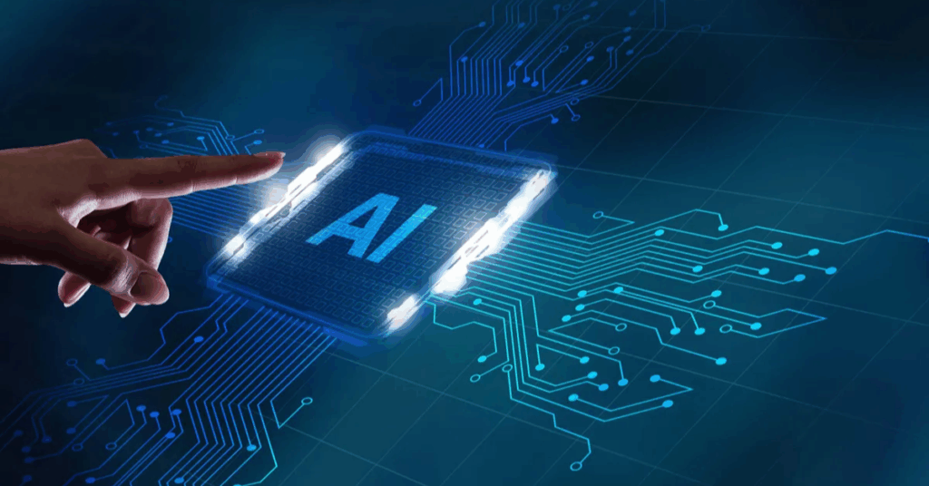 Human hand touching a glowing AI chip icon on a digital circuit board background.