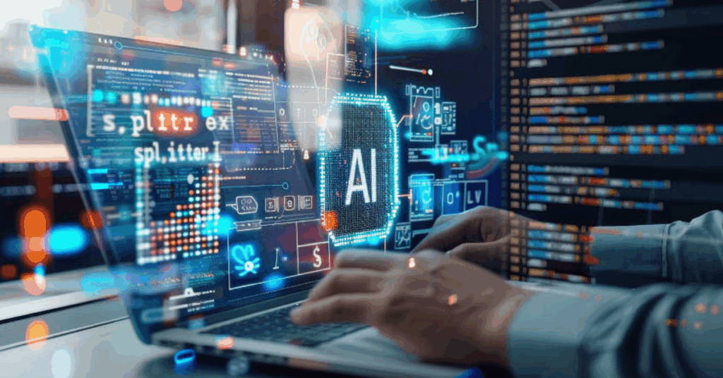 parallelstaff- A person types on a laptop surrounded by digital graphics of code, data, and an illuminated AI icon, symbolizing artificial intelligence, ai dev tools, and advanced technology development.