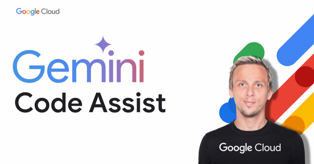 Google Cloud Gemini Code Assist promotional image with a developer and colorful graphics.