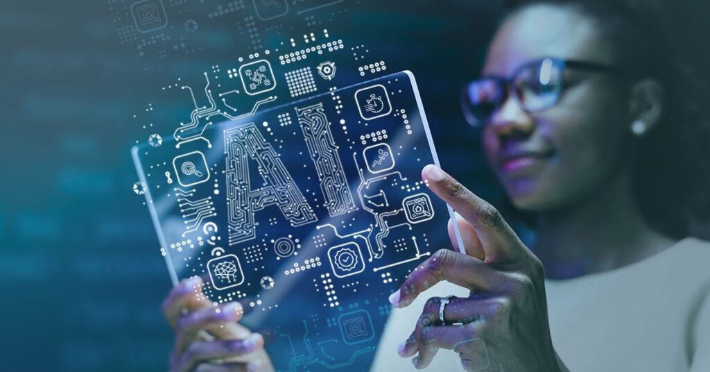 Woman holding a transparent digital screen with AI graphics, representing evaluating technical skills for AI engineering roles.