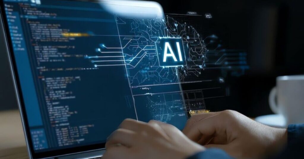 Close-up of a laptop screen with AI graphics and code, representing offshore AI software development.