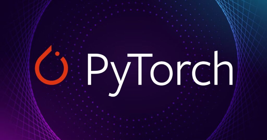 PyTorch logo on a dark abstract background, representing one of the most popular frameworks for AI software development.