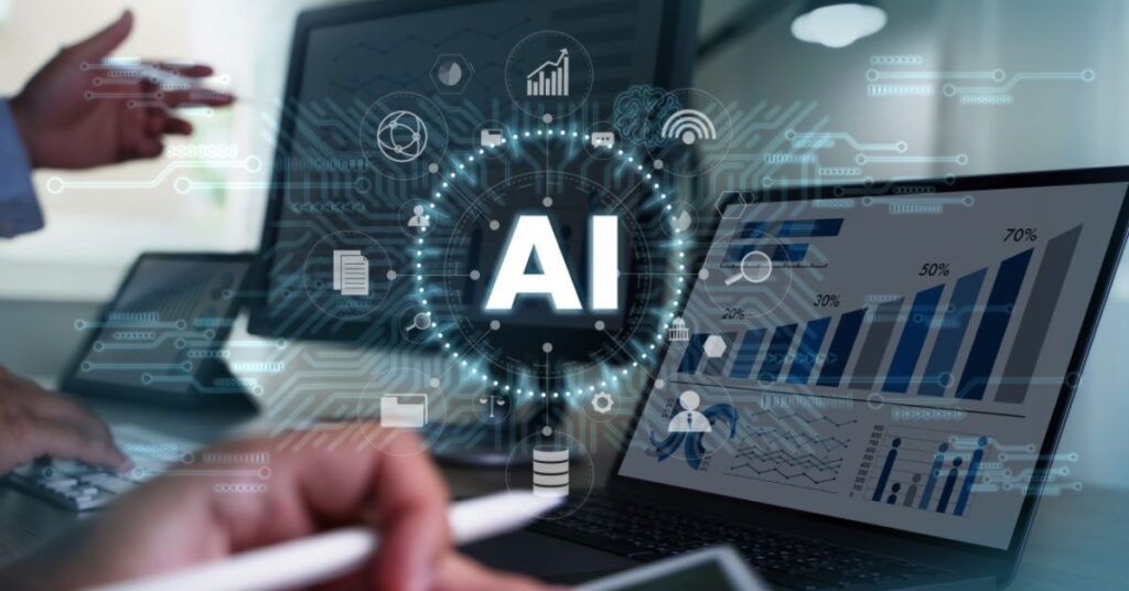 Digital interface with AI icon and data charts on laptops, symbolizing AI-driven product transformation.