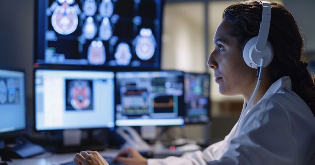 Female professional analyzing brain scans on multiple monitors using AI-powered diagnostic tools.