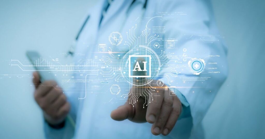 Doctor using AI-based digital interface for advanced healthcare and patient data management.