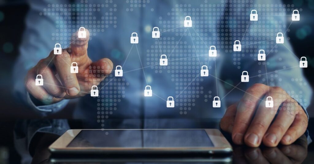 Business professional interacting with digital security icons representing data protection in AI solutions.