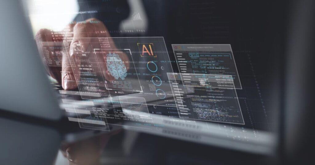 Close-up of a developer working on AI programming with holographic brain and code interface for next-generation digital solutions.