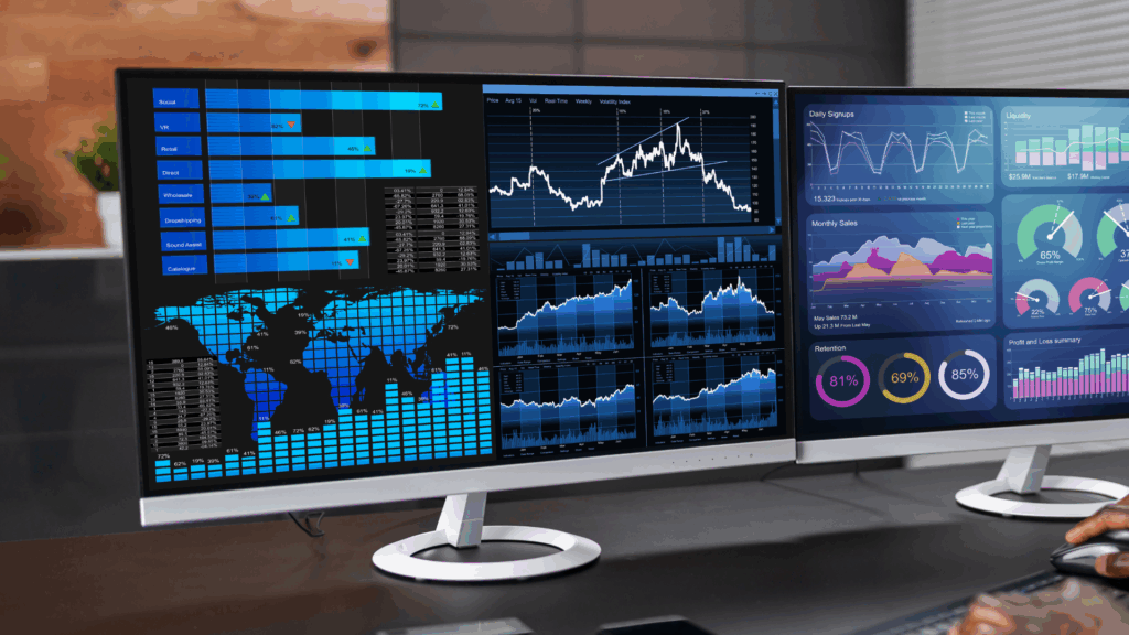 Two computer monitors displaying real-time global analytics dashboards with graphs, charts, and performance metrics.