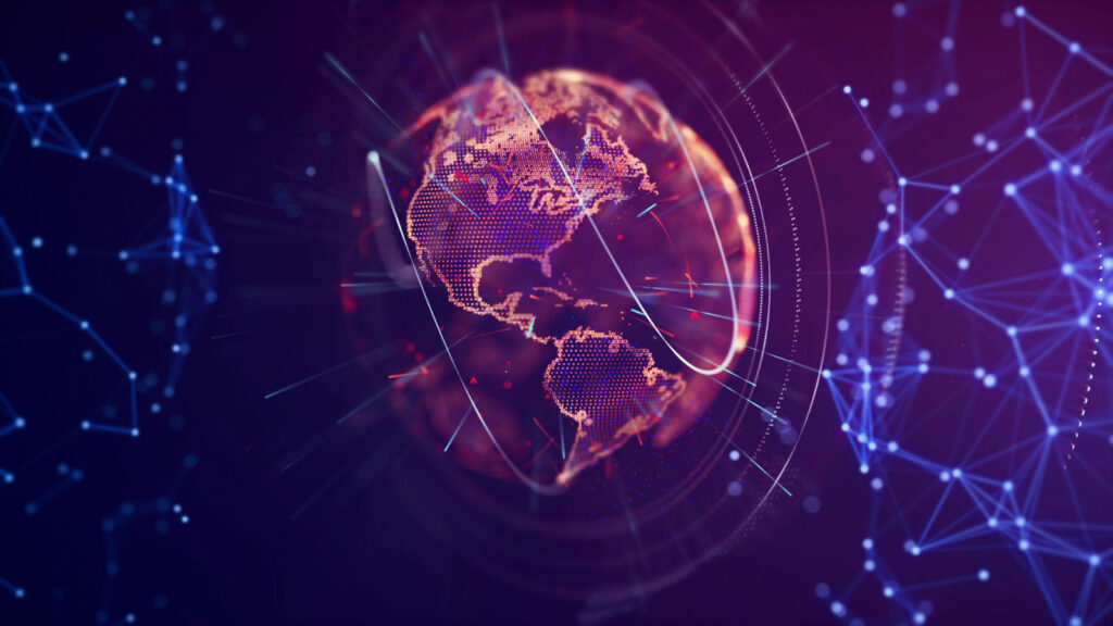parallelstaff- A digital, glowing globe showing North and South America, surrounded by abstract network lines and dots on a dark purple background, symbolizing global communication, technology, and the best countries for nearshore software outsourcing in Latin America.