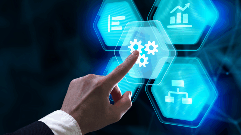 Digital interface selecting a gear icon for automation, optimization, and strategic IT augmentation.