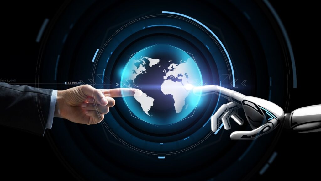 parallelstaff- A human hand and a robotic hand reach out to touch fingertips, with a glowing digital Earth in the background, symbolizing the connection between humans and technology powered by AI development services.