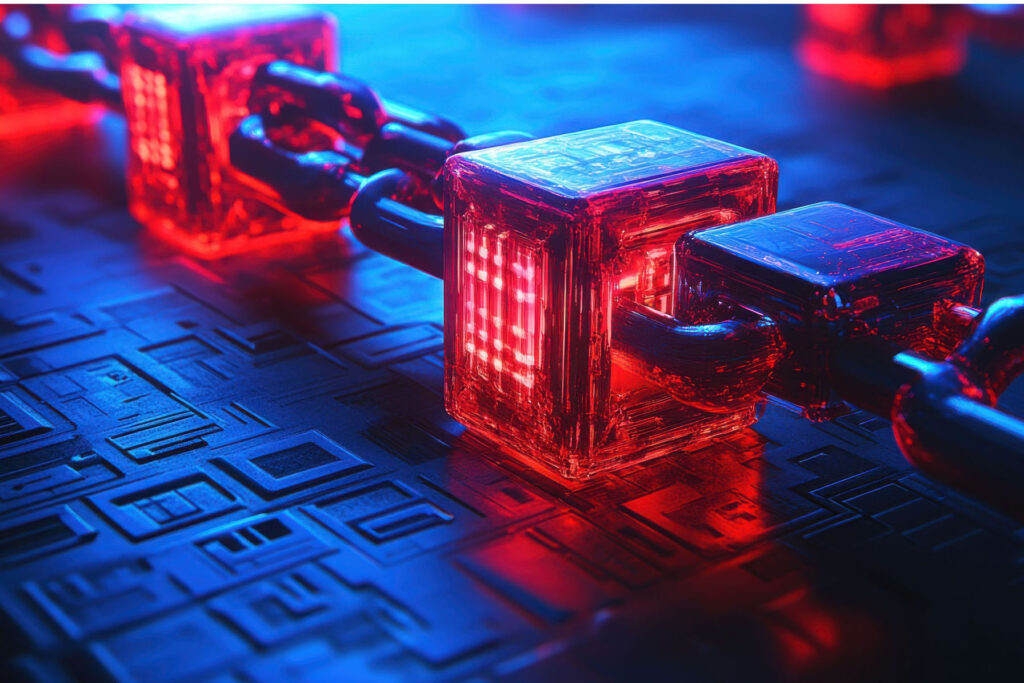 parallelstaff- A close-up of a glowing red and blue blockchain chain, with digital blocks connected by metallic links, set against a futuristic circuit-patterned background—perfect for those looking to find blockchain developers for cutting-edge projects.