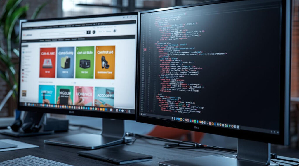 parallelstaff- Two computer monitors on a desk; one displays an online store website with colorful product icons, while the other shows lines of HTML and CSS code. Perfect for those looking to find ecommerce developers in a modern office setting.