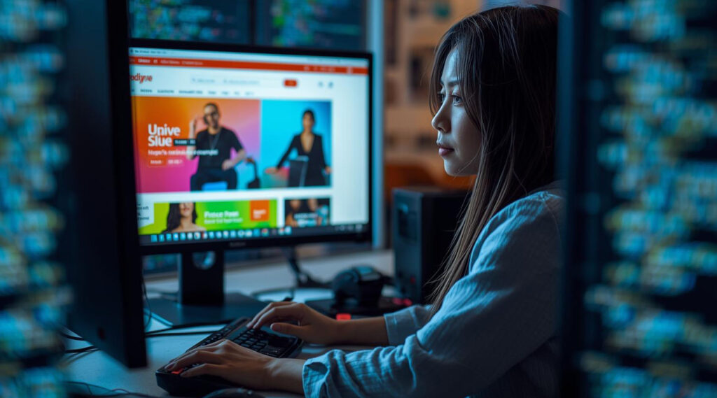 parallelstaff- A woman sits at a desk using a computer with colorful websites on screen, surrounded by computer monitors and server racks, focused intently in a dimly lit tech workspace, determined to find ecommerce developers for her next big project.