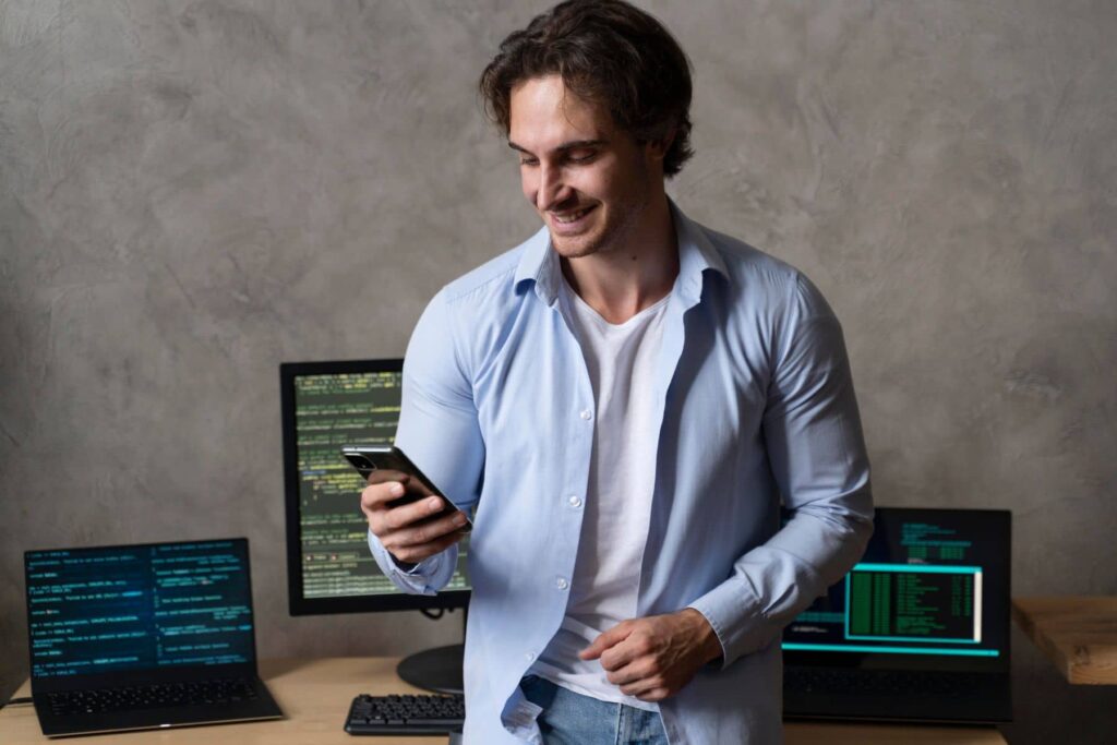 parallelstaff- A smiling man in a light blue shirt stands in front of computers displaying code, looking down at his smartphone in a modern workspace—perfect for teams looking to hire iOS developers.