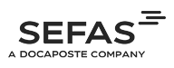 parallelstaff- Logo for SEFAS, a DOCAPOSTE company, featuring the company name in bold uppercase letters and three stylized lines to the upper right, symbolizing motion and Sefas Innovation.