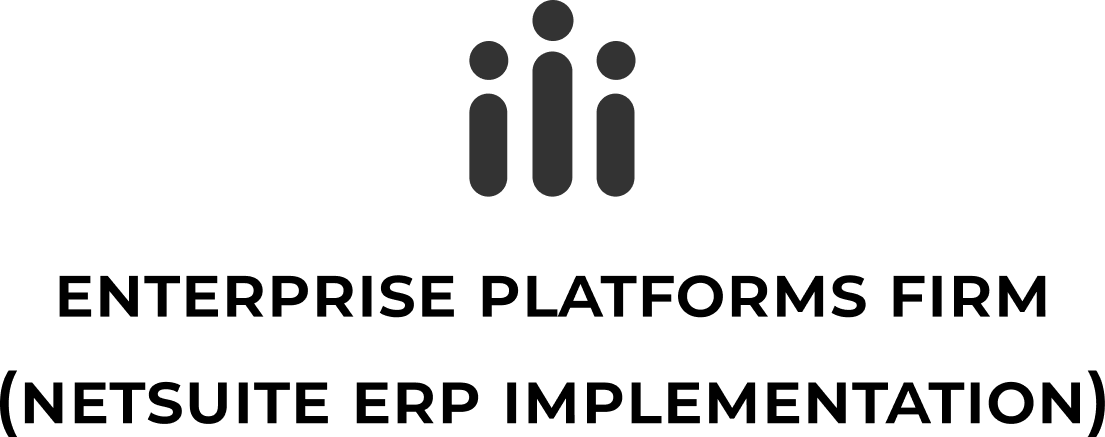 parallelstaff- Logo with three vertical dots and two curves above the text ENTERPRISE PLATFORMS FIRM (NetSuite ERP Implementation) in bold, black letters on a light gray background, highlighting expertise in Enterprise Platforms.