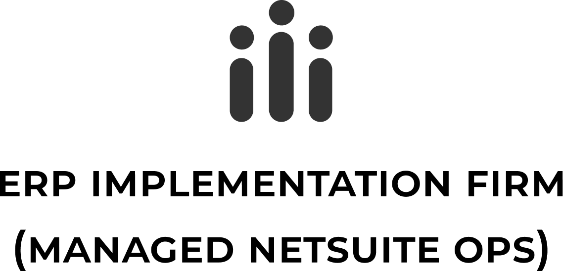 parallelstaff- A minimalist icon of three abstract people above bold text reading ERP IMPLEMENTATION FIRM (MANAGED NETSUITE OPS), highlighting a top ERP Firm, on a light background.
