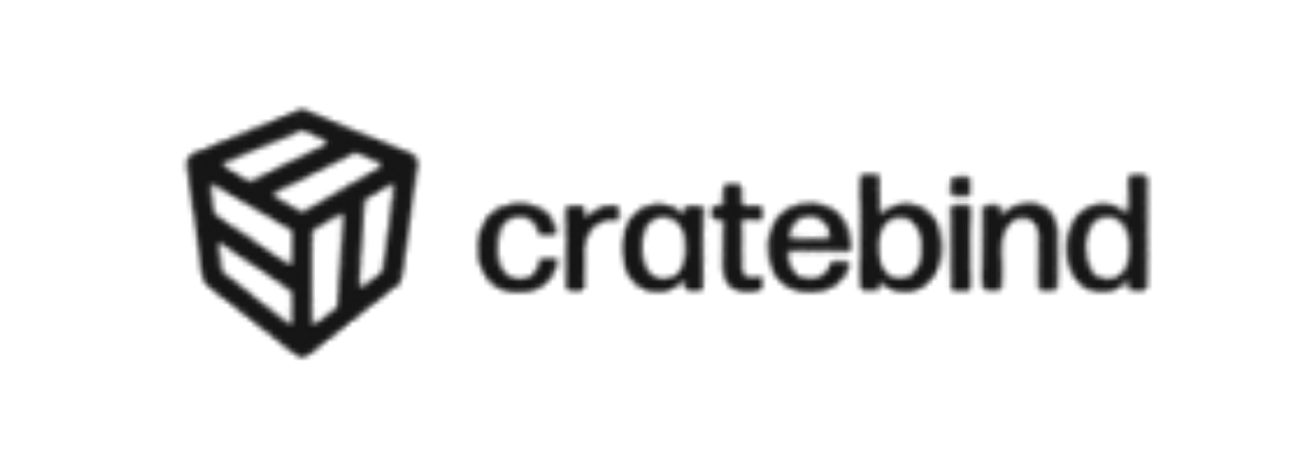 parallelstaff- Black logo with a geometric cube icon to the left of the word cratebind in lowercase letters. The design is simple and modern, featuring a bold sans-serif font.