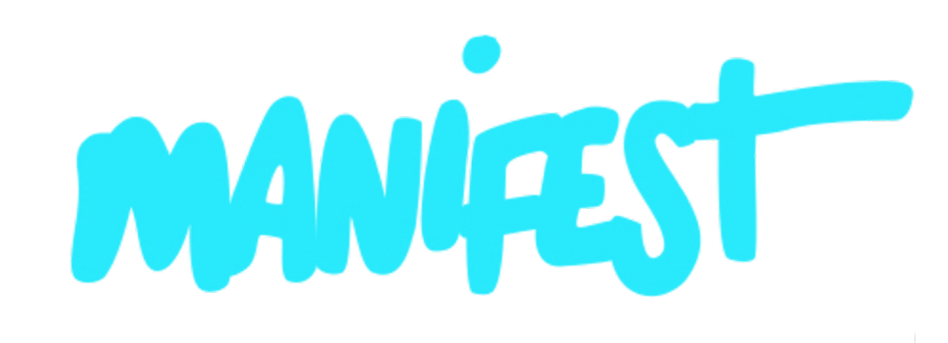 parallelstaff- The word MANIFEST is written in bold, bright blue, handwritten-style letters on a white background.