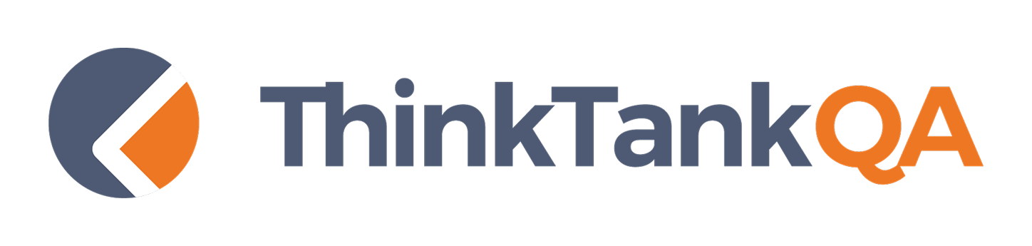 parallelstaff- Logo with a dark blue and orange circular icon on the left, followed by the text “ThinkThank QA.” “ThinkThank” is in dark blue, and “QA” is in orange. The background is light gray.
