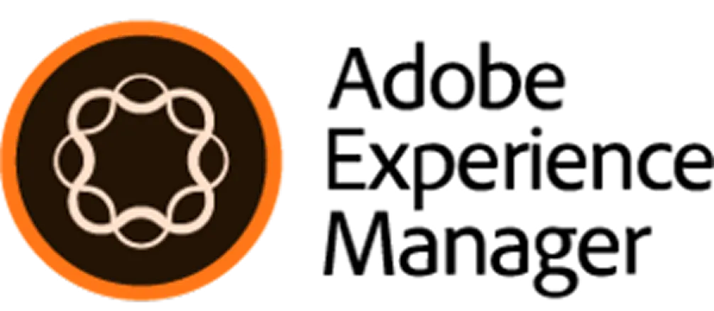 parallelstaff- Adobe Experience Manager logo featuring a brown circle with interlocking beige loops inside, bordered by an orange ring, next to the text Adobe Experience Manager in black.