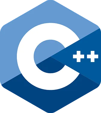 parallelstaff- C++ programming language logo featuring a large white C with two plus signs ++ in white on a blue hexagonal background, split into lighter and darker blue shades.