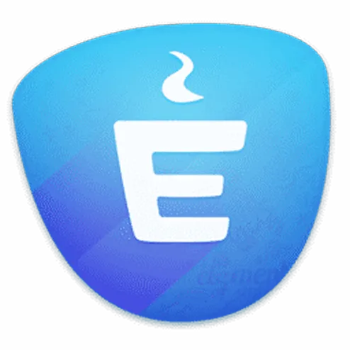 parallelstaff- A blue shield-shaped icon with a large white letter E in the center. A small white wavy line resembling steam rises above the E.