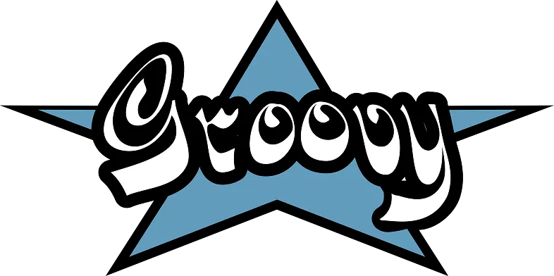 parallelstaff- The word Groovy in bold, stylized white letters with black shadows is centered over a large blue star on a black background.