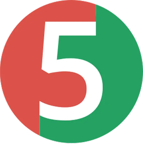 parallelstaff- A large white number 5 is centered within a circle split vertically; the left half is red, and the right half is green. The number overlaps both colored backgrounds.