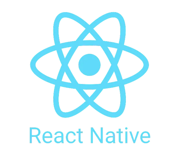 parallelstaff- Light blue React Native logo, featuring an atom-like design with three elliptical orbits around a central circle, above the text React Native in matching blue on a transparent background.