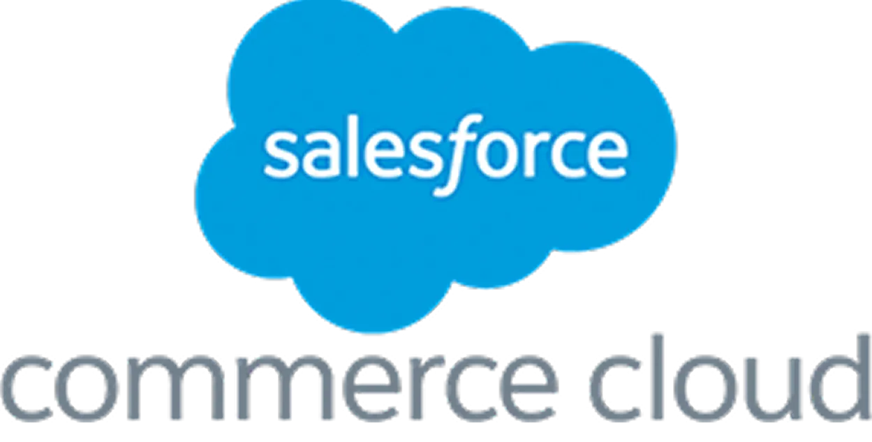 parallelstaff- Salesforce Commerce Cloud logo featuring a blue cloud shape with salesforce in white text, above the words commerce cloud in black lowercase letters.