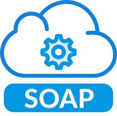 parallelstaff- A blue and white cloud icon with a gear symbol inside, above a blue rectangle containing the word SOAP in bold white letters.