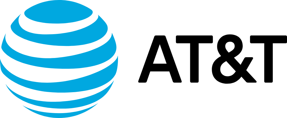 parallelstaff- AT&T logo featuring a blue and white striped globe to the left and the bold black letters AT&T to the right on a light gray background.