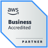 parallelstaff- AWS Business Accredited Partner badge with a blue border. The text reads aws Business Accredited PARTNER on a silver gradient background.