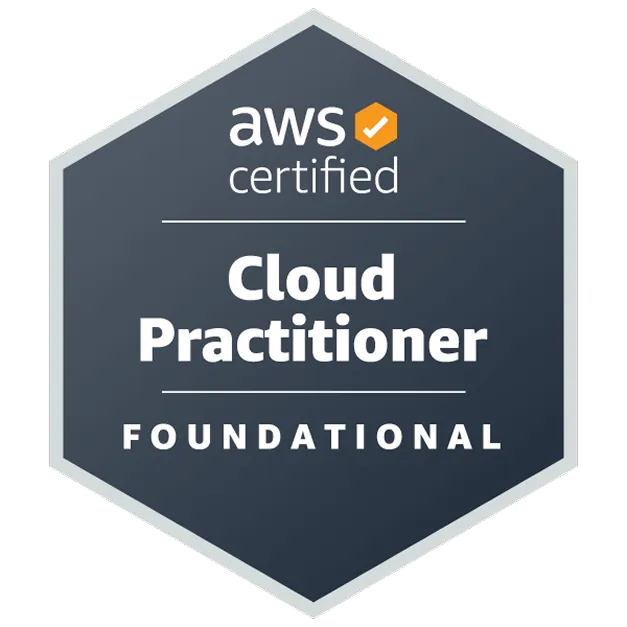 parallelstaff- A hexagonal badge with aws certified and an orange checkmark at the top, and Cloud Practitioner FOUNDATIONAL written in the center, indicating AWS Certified Cloud Practitioner foundational level.