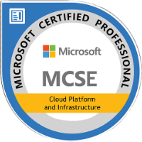 parallelstaff- A circular badge with Microsoft Certified Professional around the edge, the Microsoft logo, MCSE, and Cloud Platform and Infrastructure on a yellow banner in the center.