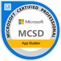 parallelstaff- Circular badge with a blue border reading “Microsoft Certified Professional.” Inside are the Microsoft logo, “MCSD,” and a yellow bar labeled “App Builder.” The badge symbolizes a Microsoft certification.