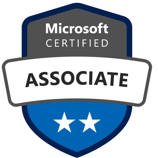 parallelstaff- A Microsoft Certified Associate badge featuring the words Microsoft Certified Associate on a blue and gray shield with two white stars at the bottom.