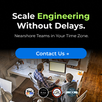 parallelstaff- Two people work at a desk with computers in a modern office. Text reads: “Scale Engineering Without Delays. Nearshore Teams in Your Time Zone.” A blue button says “Contact Us.” Logos are displayed at the bottom.