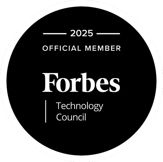 parallelstaff- A black circular badge with white text reads, 2025 Official Member Forbes Technology Council. The text is centered, and the badge has a white border.