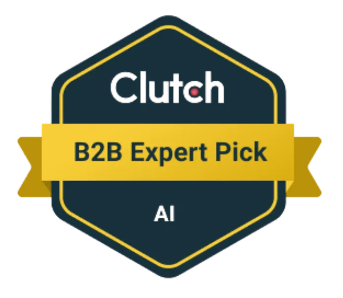 parallelstaff- A hexagonal badge with Clutch at the top, a gold ribbon across the center reading B2B Expert Pick, and AI at the bottom.