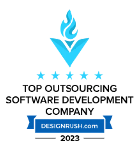 parallelstaff- Blue award badge with a torch and five stars above the text Top Outsourcing Software Development Company, and a blue ribbon below reading Accomplish.com 2023.