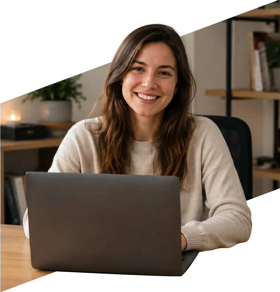 parallelstaff- A woman with long brown hair smiles while sitting at a desk and using a laptop. Bookshelves and a plant are visible in the background, creating a cozy home office setting.